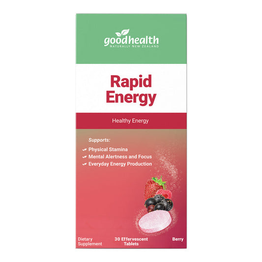 Good Health Rapid Energy supplement package on a white background