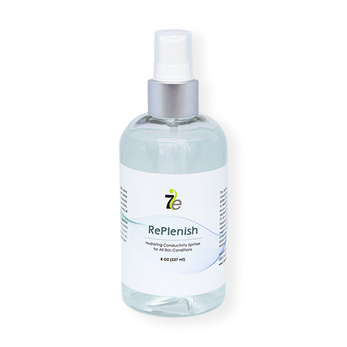 Clear spray bottle of Replenish Hydrating Conducting Spritzer Spray Gel - 8 oz | 7e Wellness with white label and silver spray cap, designed for skincare and wellness use.