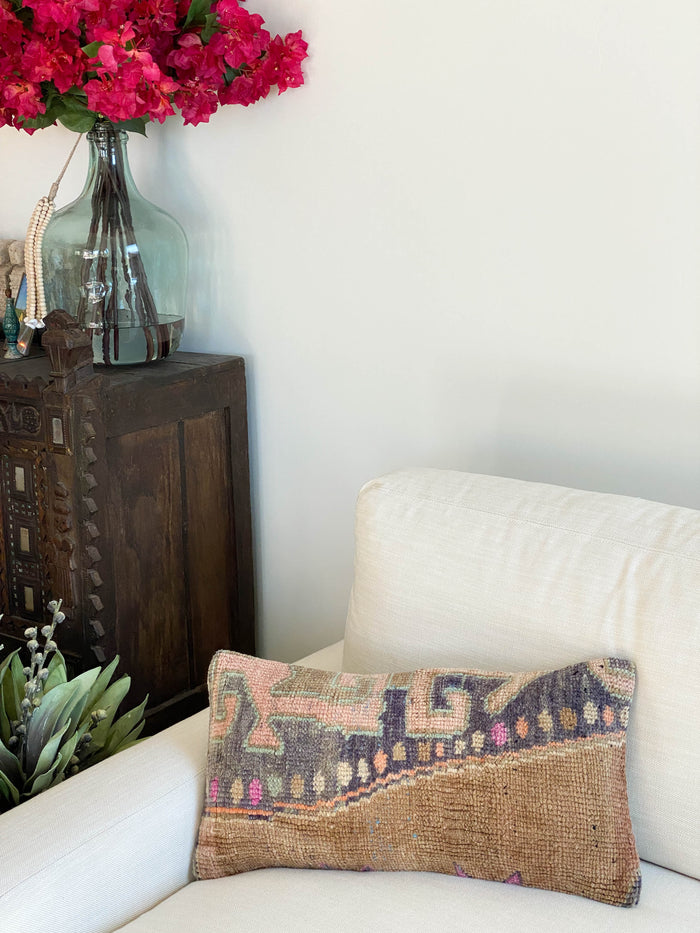 Rhiannon Handmade traditional Turkish oushak pillow cover made with vintage rugs 12x24 brown blue pink