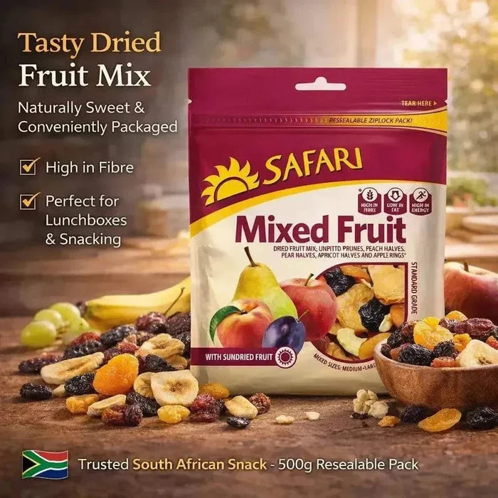 Safari Mixed Fruit 500g resealable pack with dried raisins, cranberries, papaya, and banana chips for healthy snacking