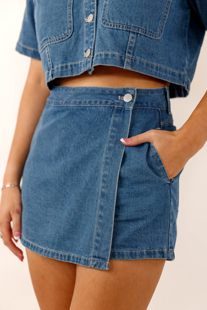 Denim Wrap Skort- Women's Two Piece Denim Set- Mable Denim Set