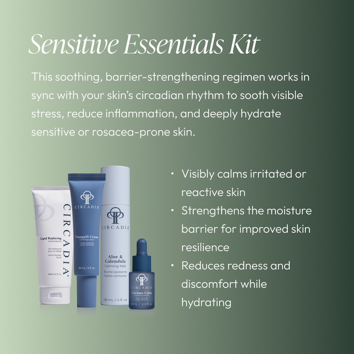 Set of four skincare products displayed on a green background with text describing a soothing barrier-strengthening regimen to calm, hydrate, and reduce redness for sensitive or rosacea-prone skin, labeled Sensitive Regimen Bundle | Circadia.