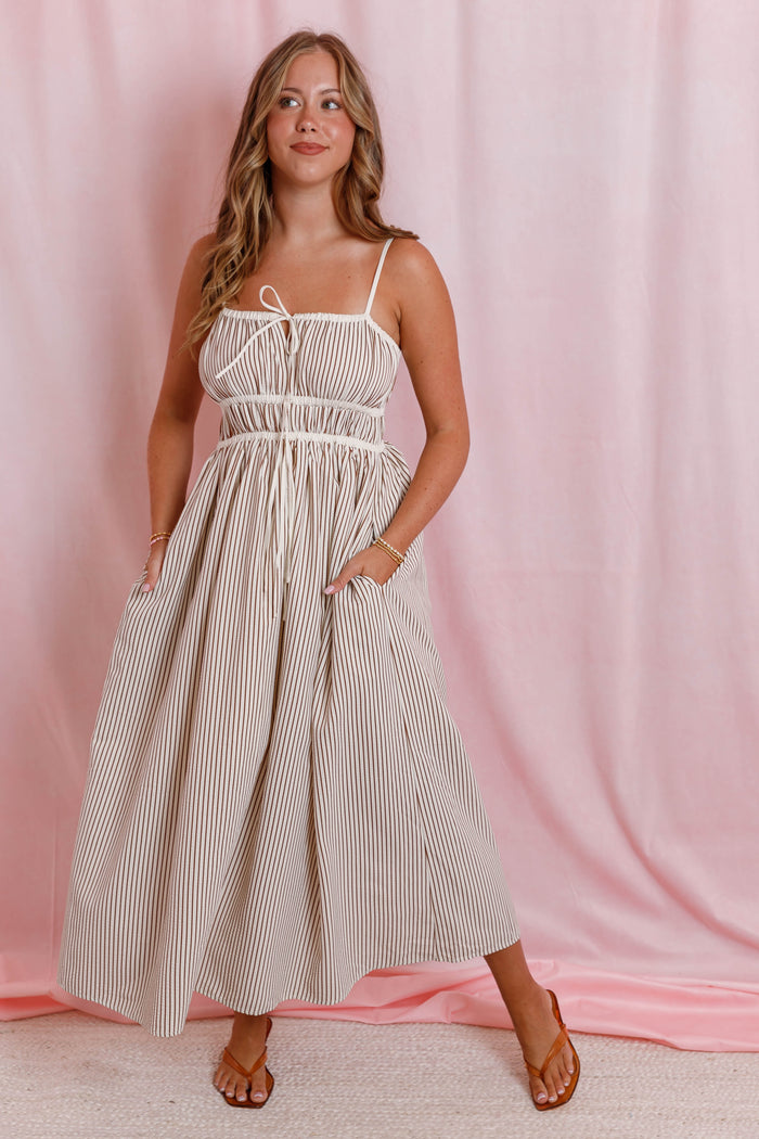 Striped Tie Front Pocket Midi Dress- Women's Stripe Midi Dress- Women's Fall Dresses