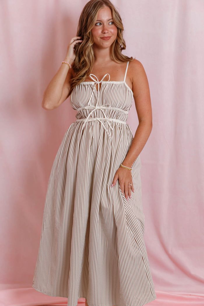 Striped Tie Front Pocket Midi Dress- Women's Stripe Midi Dress- Women's Fall Dresses