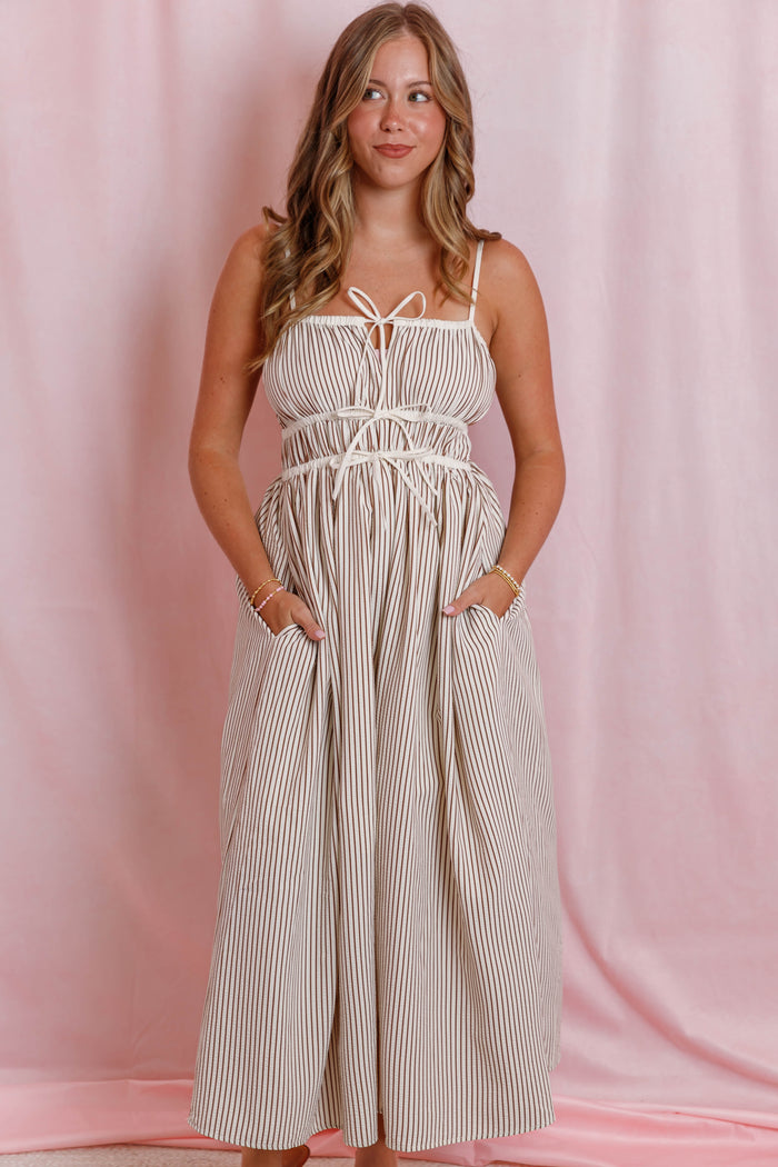 Striped Tie Front Pocket Midi Dress- Women's Stripe Midi Dress- Women's Fall Dresses