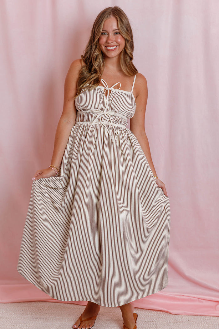 Striped Tie Front Pocket Midi Dress- Women's Stripe Midi Dress- Women's Fall Dresses