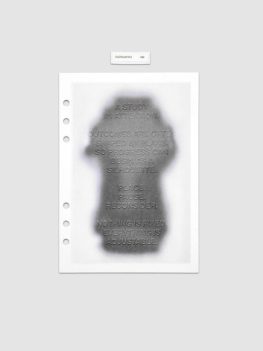Silhouette Planner Dashboard in A5 6-Ring Punch. Greyscale silhouette print with embossed text on paper. Image 1 of 4.