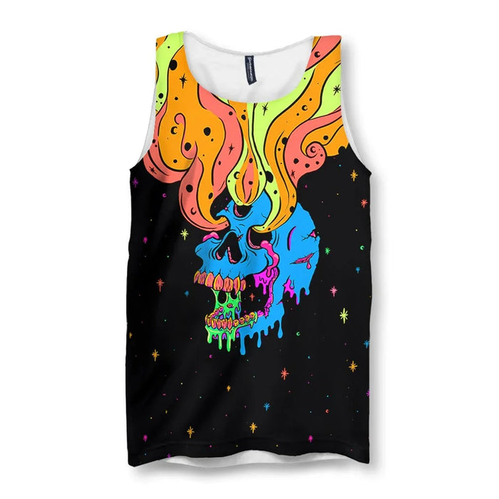 A surreal, psychedelic skull rendered in electric cyan dissolves against a deep void black background scattered with cosmic stars. Contact us with accessibility feedback, we'd love to help!