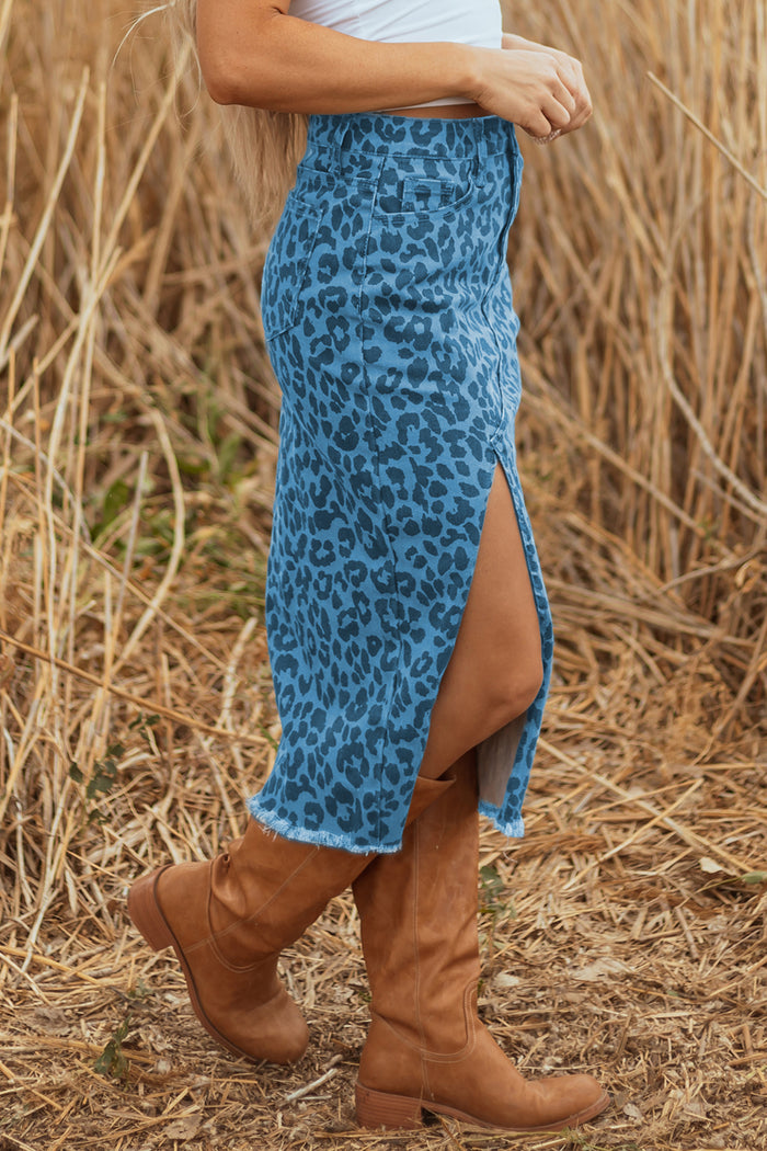 Sky Blue Leopard Denim Frayed Split Denim Midi Skirt