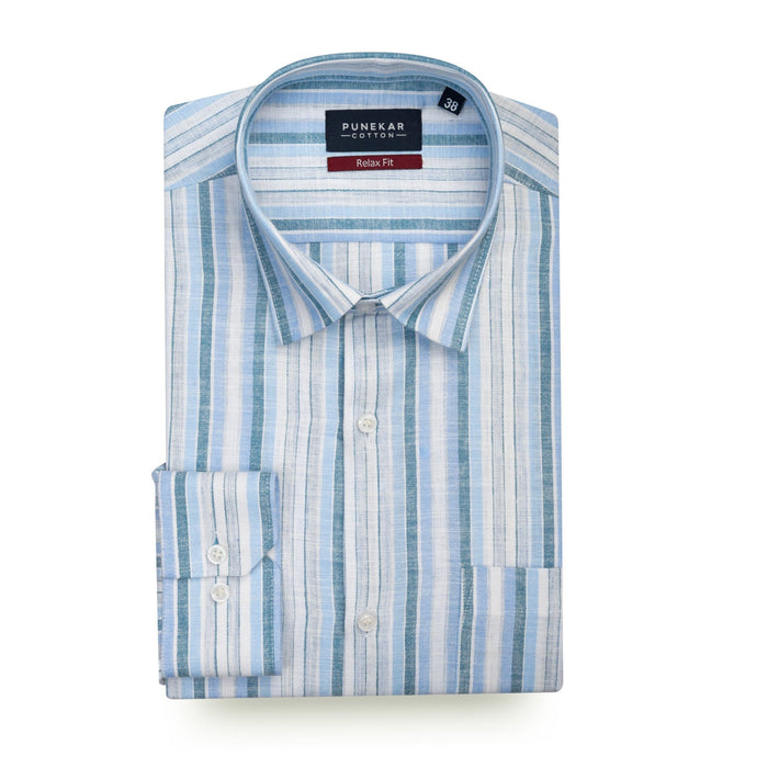Sky Blue & White Striped Blend Cotton Shirt for Men - Punekar Cotton