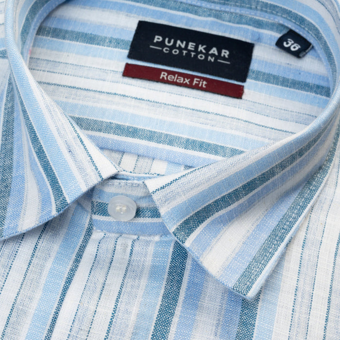 Sky Blue & White Striped Blend Cotton Shirt for Men - Punekar Cotton