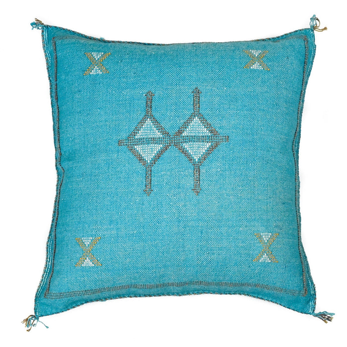 handmade Moroccan embroidered cactus silk sabra pillow bright blue