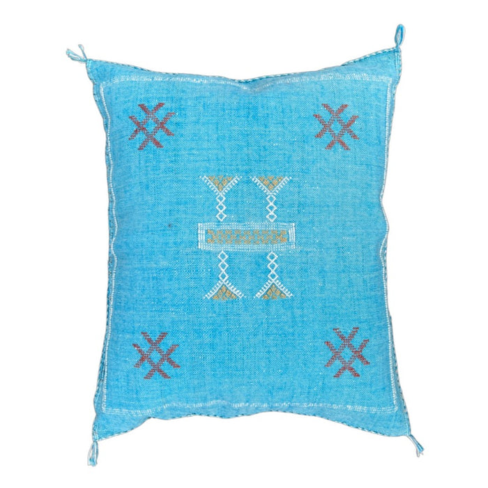 Artisanal Handmade Moroccan embroidered cactus silk sabra pillow bright turquoise blue handwoven