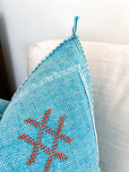 Artisanal Handmade Moroccan embroidered cactus silk sabra pillow bright turquoise blue handwoven