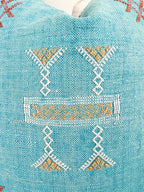 Artisanal Handmade Moroccan embroidered cactus silk sabra pillow bright turquoise blue handwoven