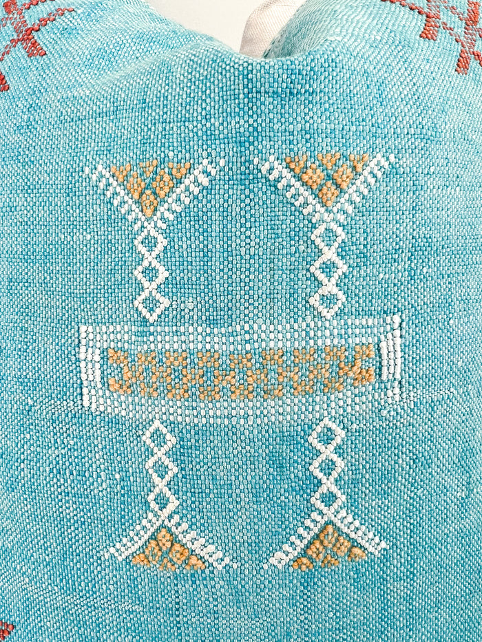 Artisanal Handmade Moroccan embroidered cactus silk sabra pillow bright turquoise blue handwoven