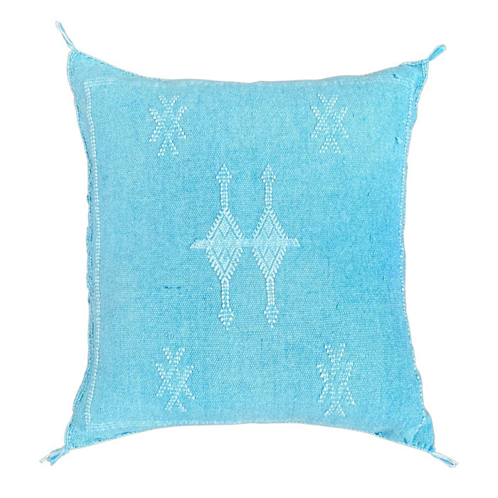 Artisanal Handmade Moroccan embroidered cactus silk sabra pillow bright turquoise blue handwoven