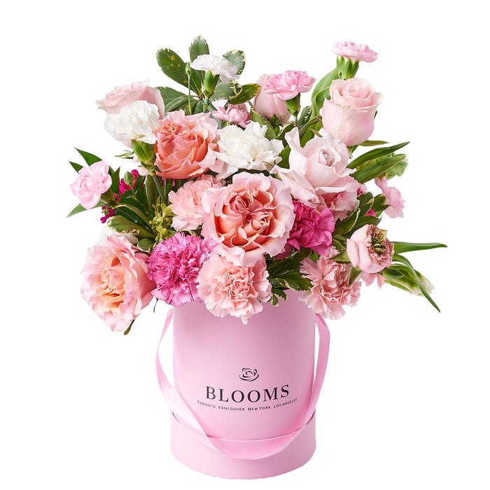 Sophisticated Pink and White Carnation & Rose Floral Gift – gift basket with this gorgeous floral arrangement features pink and white and this floral