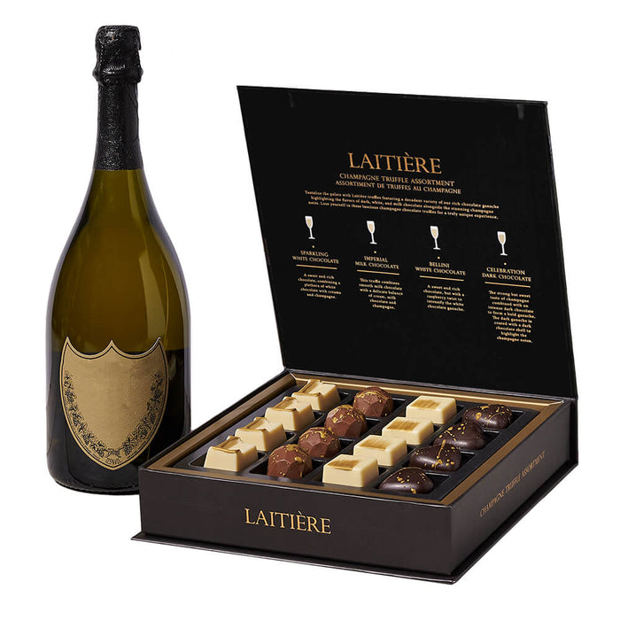 Sophisticated Sparkling Wine Gift Featuring Laitière Truffles – gift basket with bottle of sparkling wine and laitiere champagne truffle assortment