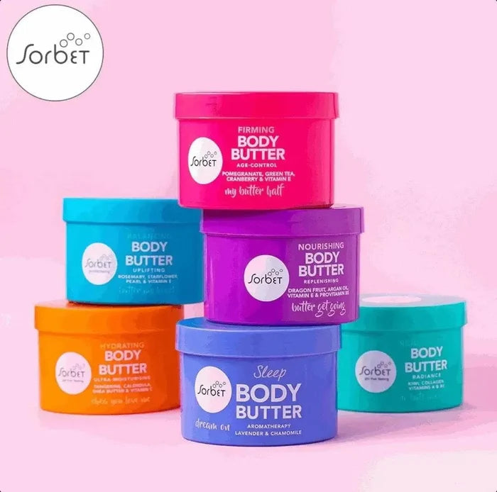 Sorbet Body Butter Nourishing 400ml jar on display with other Sorbet body butter varieties against a pink background.