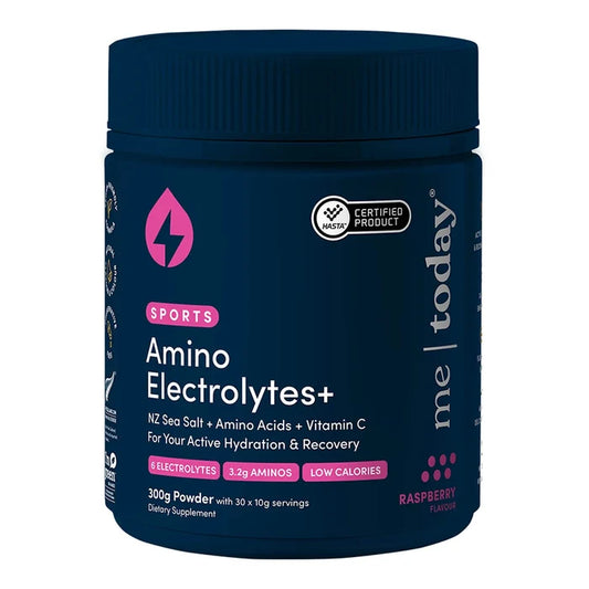 A dark blue plastic tub of 'me today' brand Sports Amino Electrolytes+ dietary supplement powder, featuring a dark blue lid and white and pink text on the label.