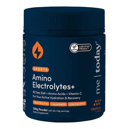 A dark blue plastic tub of Tropical Flavour 'me today' Sports Amino Electrolytes+ powder, featuring orange and white text and a black-and-orange logo on a white background.