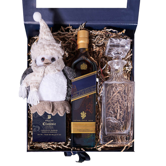 Square Cut Decanter Whiskey Gift Box with Holiday Penguin and Truffles – gift basket with bottle of whiskey, mini holiday penguin and bruges assorted