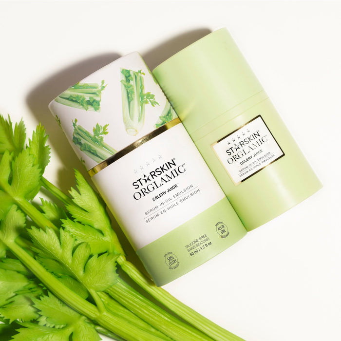 STARSKIN Orglamic Celery Juice Serum-In-Oil Emulsion in a 50ml bottle, featuring a sleek skincare product with a modern design.
