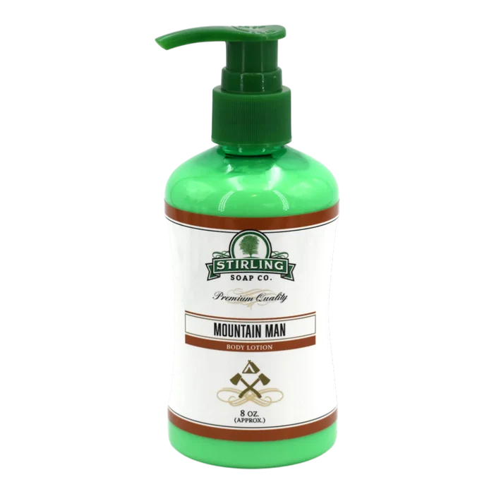 Stirling Soap Co. Mountain Man body lotion i grønn flaske med pumpe