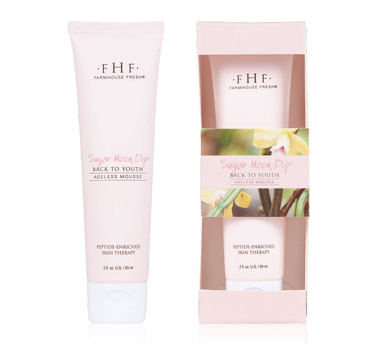 Tube and boxed packaging of Sugar Moon Dip® Hands | Farmhouse Fresh, a peptide-enriched skincare mousse for body care and wellness supplements.