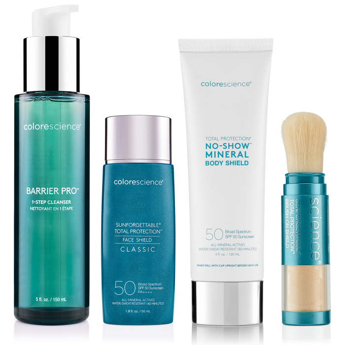 Summer Must Have Bundle, Barrier Pro™ 1-Step Cleanser, Sunforgettable® Total Protection® Face Shield Classic SPF 50, Total Protection® Body Shield No Show SPF 50 and Sunforgettable® Total Protection® Brush-On Shield SPF 50 || all
