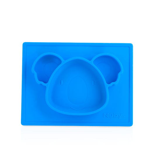 The Nuby Sure Grip Miracle Mat All-in-One Feeding Placemat is a blue silicone suction plate shaped like a koala face, with compartments for the head and ears—perfect baby tableware to make mealtime fun.