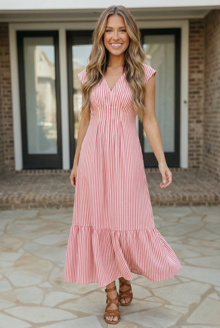 Sweet Stripe Tiered Maxi Dress in Red