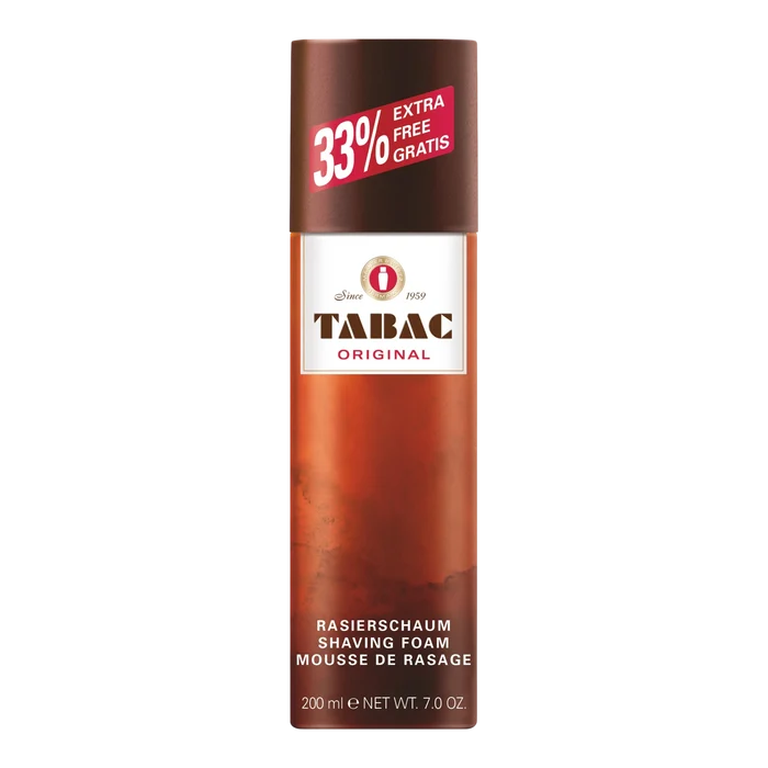 Tabac Original barberskum i 200 ml flaske med rødbrun design og '33% EXTRA FREE' etikett