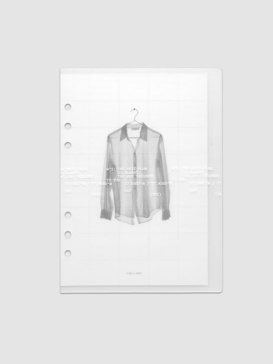 Transparent planner cover set with white printed text design and accompanying black and white dashboard with an image of a tailored shirt on a hanger. Pre-punched for 6-ring planners shown in size A5.