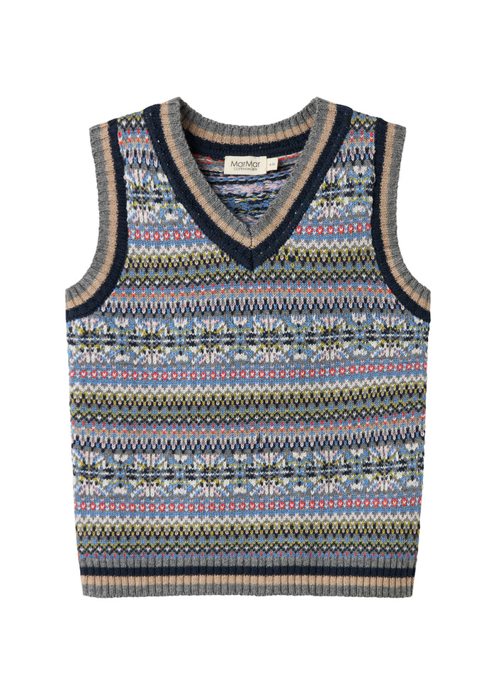 Knitted children's vest with colorful pattern and V-neck