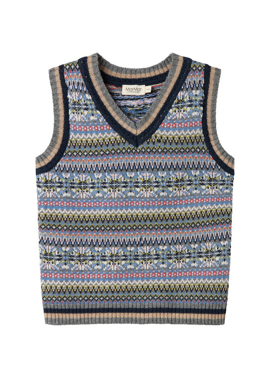 Knitted children's vest with colorful pattern and V-neck