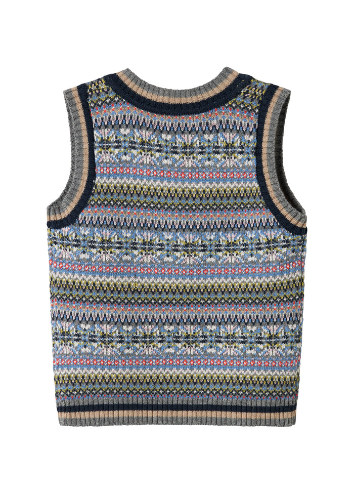 Knitted children's vest with colorful pattern and V-neck