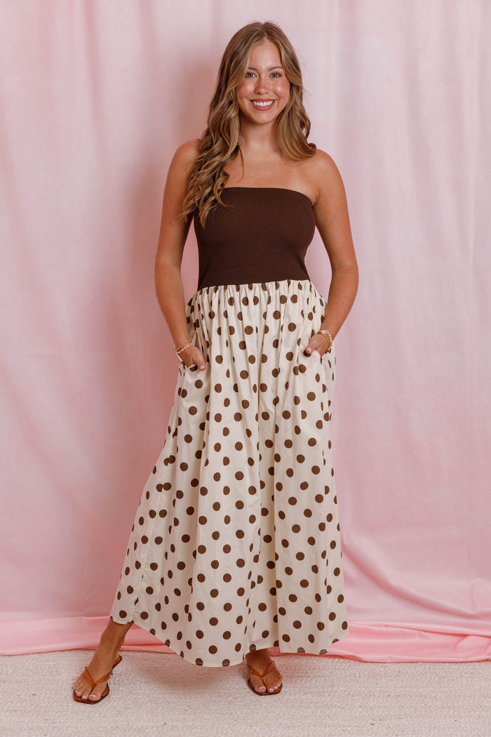 Brown Polka Dot Strapless Maxi Dress- Women's Polka Dot Dress- Olivia Dean Concert Outfit