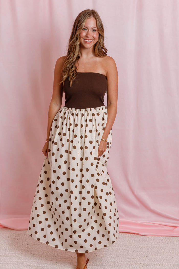 Brown Polka Dot Strapless Maxi Dress- Women's Polka Dot Dress- Olivia Dean Concert Outfit