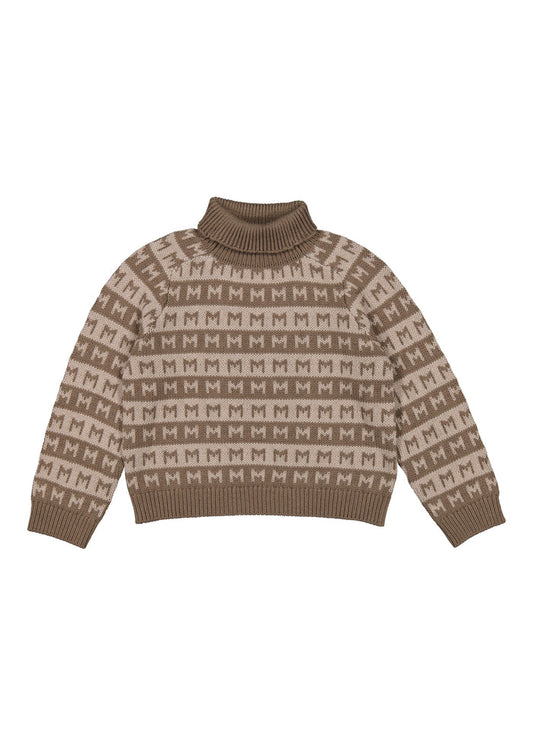 brown knitted sweater with M pattern and high neck