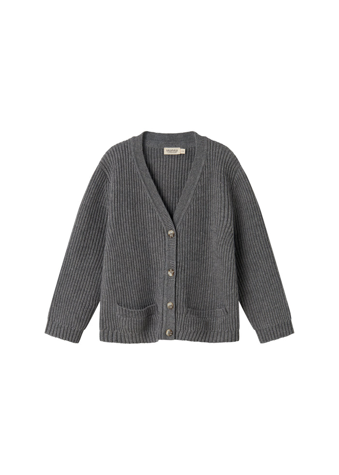 Dark grey knitted cardigan for children with buttons and pockets