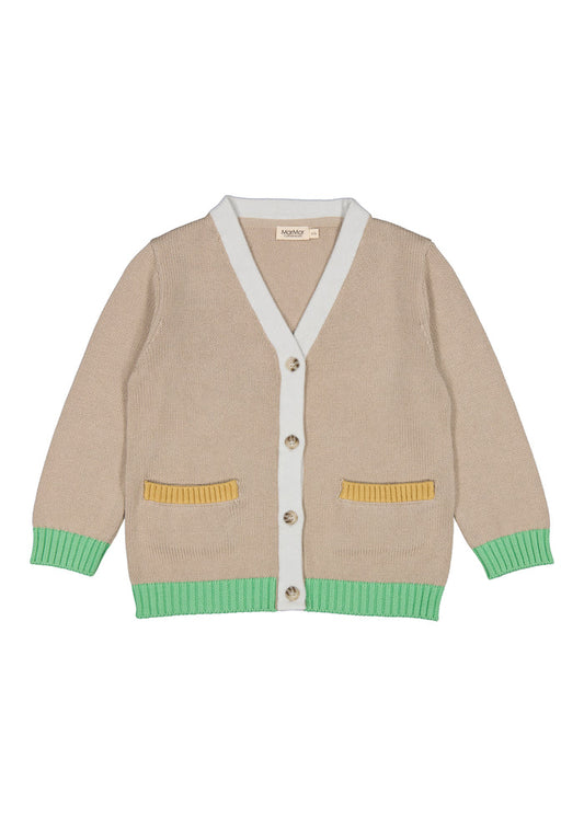 Strikcardigan i beige med V-hals, knapper og farveblokke i grøn og gul