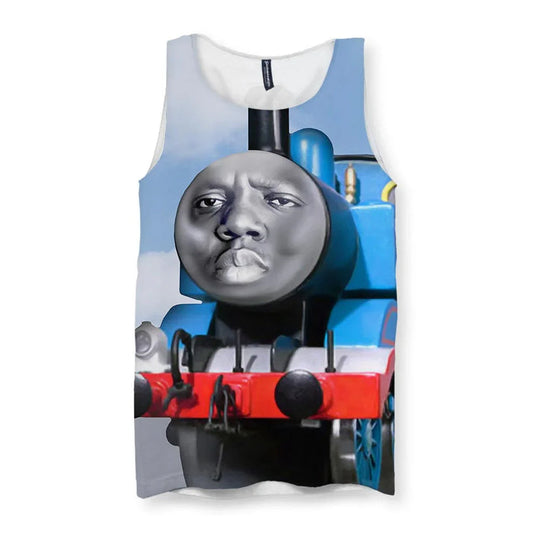 This surrealist graphic features a bright azure blue steam locomotive with the boiler front replaced by a hyper-realistic, grayscale portrait of a legendary East Coast rapper. Contact us with accessibility feedback, we'd love to help!
