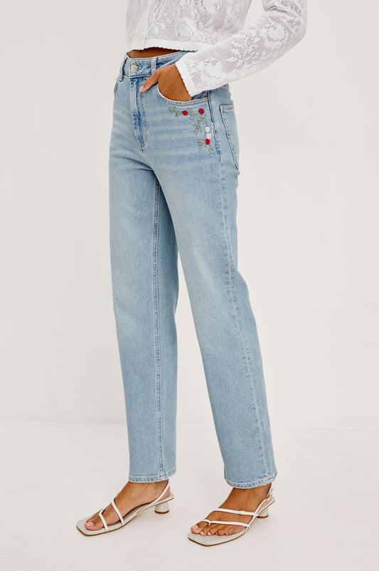 Topanga High-Rise Wide Straight Leg Jean in Denim With 5-Pockets, Embroidery, and Front Zip-Fly in Dainty Rose Colorway - Full Body Front View Featured on Model