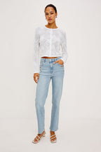 Topanga High-Rise Wide Straight Leg Jean in Denim With 5-Pockets, Embroidery, and Front Zip-Fly in Dainty Rose Colorway - Lower Body Front View Featured on Model
