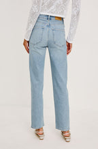 Topanga High-Rise Wide Straight Leg Jean in Denim With 5-Pockets, Embroidery, and Front Zip-Fly in Dainty Rose Colorway - Lower Body Back View Featured on Model