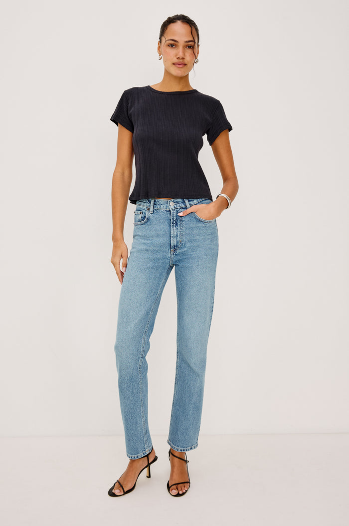 Topanga High-Rise Wide Straight Leg Jean in With 5-Pockets and a Front Zip-Fly in Old Indigo Colorway - Full Body Front View Featured on Model