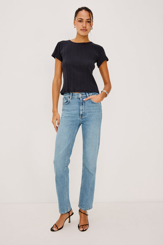 Topanga High-Rise Wide Straight Leg Jean in With 5-Pockets and a Front Zip-Fly in Old Indigo Colorway - Full Body Front View Featured on Model