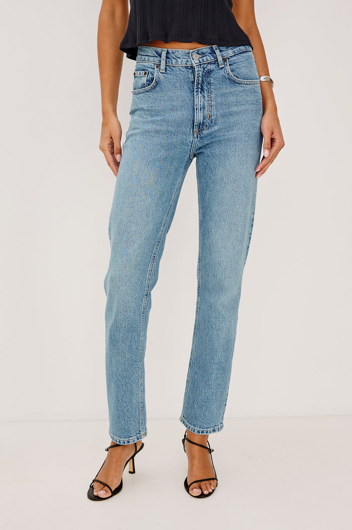 Topanga High-Rise Wide Straight Leg Jean in With 5-Pockets and a Front Zip-Fly in Old Indigo Colorway - Lower Body Front View Featured on Model